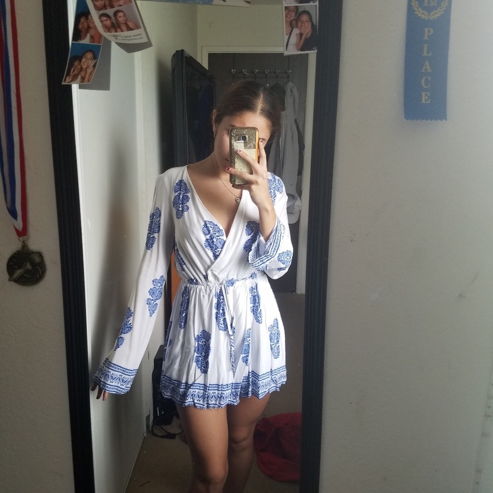Blue and white flowy romper